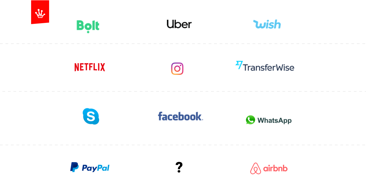 logo największych gigantów w świecie startupów - uber, facebook, instagram, bolt, wish i inni