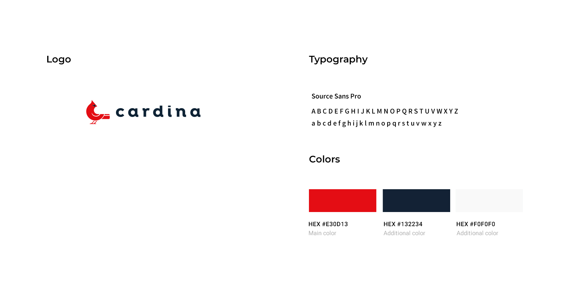 cardina, red logo of a bird with a black logotype on its right. Typography used: source sans pro, colors used: (main color: red) hex #E30D13, (additional color: navy blue) hex #132234, (additional color: white) hex #F0F0F0