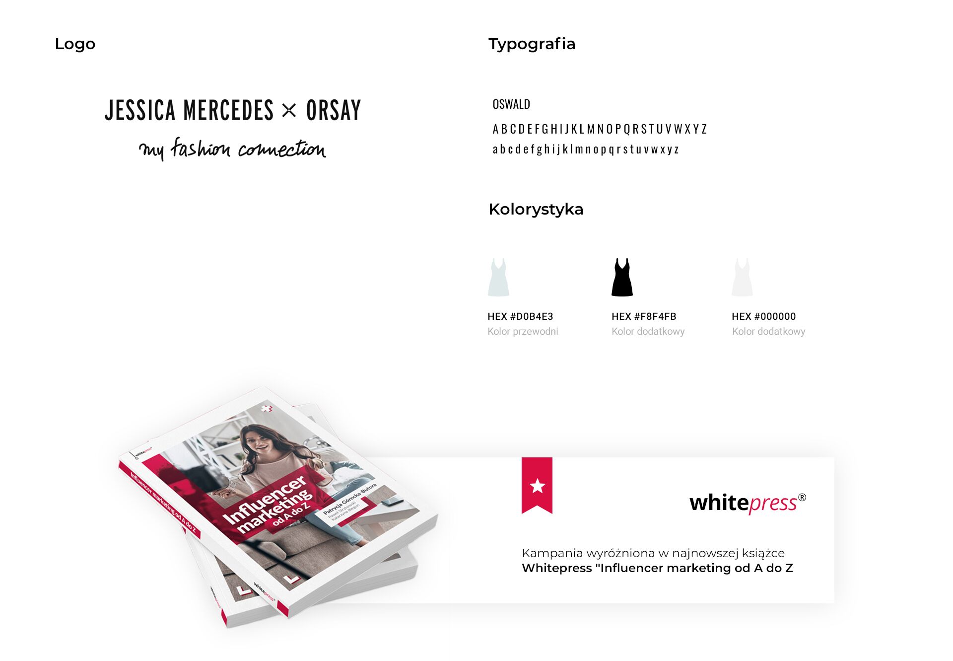 logo kampanii ORSAY z Jessicą Mercedes, typografia wykorzystana w projekcie i kolory akcji. Pod spodem informacja o tym, że kampania została wyróżniona w najnowszej książce Whitepress o influencer marketingu